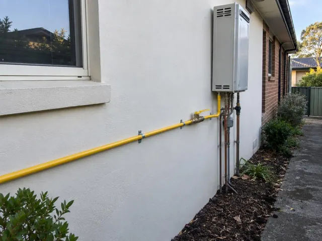 Exterior wall with yellow gas pipe and meter beside a window on a house in Thornleigh