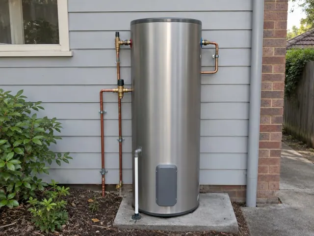 Outdoor stainless hot water cylinder on a concrete pad beside a house wall in Wahroonga